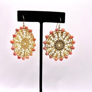 Boho Gold Tone and Coral Colored Round Filigree  Earrings
